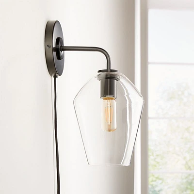 Arren Black Plug In Wall Sconce Light with Clear Angled Shade