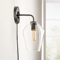Arren Black Plug In Wall Sconce Light with Clear Angled Shade