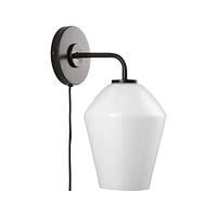 Arren Black Plug In Wall Sconce Light with Milk Angled Shade