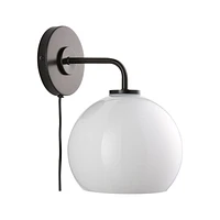 Arren Black Plug In Wall Sconce Light with Milk Round Shade