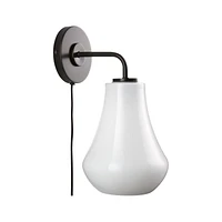 Arren Black Plug In Wall Sconce Light with Milk Teardrop Shade