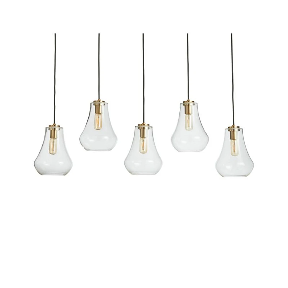 Arren Brass 5-Light Linear Pendant with Teardrop Clear Glass Shades