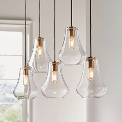 Arren Brass 5-Light Linear Pendant with Teardrop Clear Glass Shades