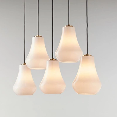 Arren Brass 5-Light Linear Pendant with Teardrop Milk Glass Shades