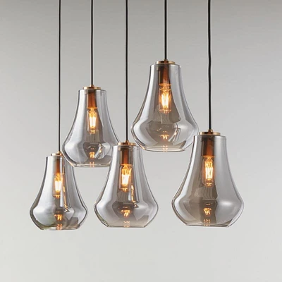 Arren Brass 5-Light Linear Pendant with Teardrop Silver Glass Shades