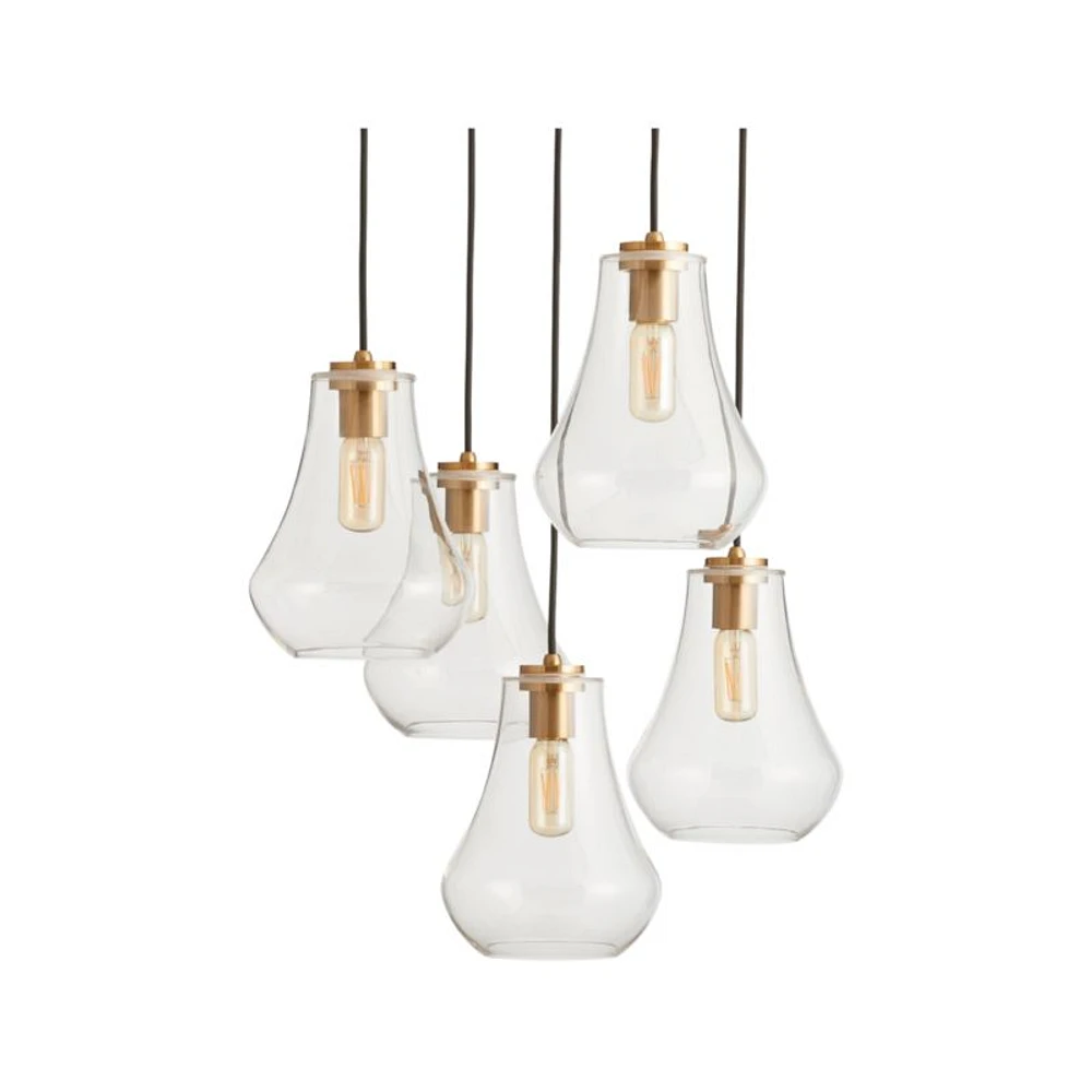 Arren Brass 5-Light Round Pendant with Teardrop Clear Glass Shades