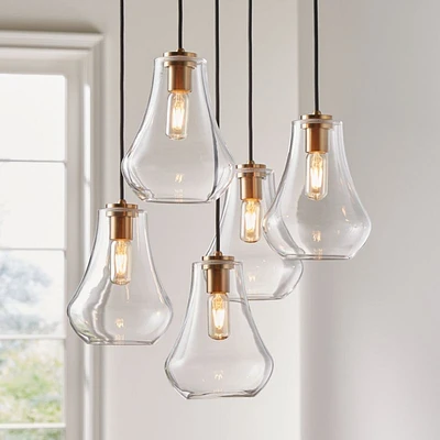 Arren Brass 5-Light Round Pendant with Teardrop Clear Glass Shades