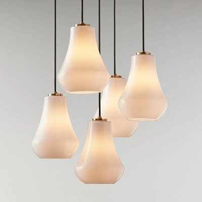 Arren Brass 5-Light Round Pendant with Teardrop Milk Glass Shades