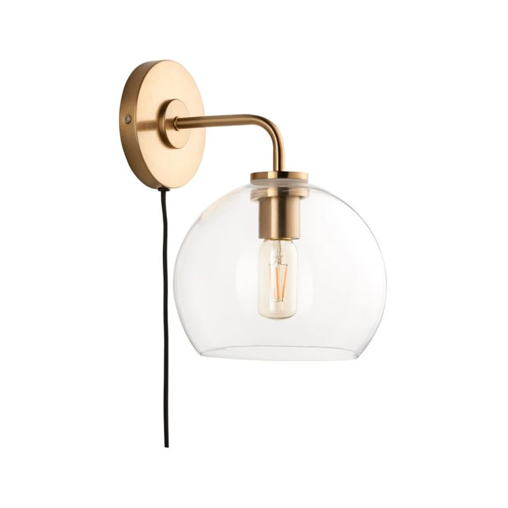 Arren Brass Plug In Wall Sconce Light with Clear Round Shade