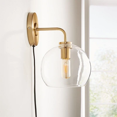 Arren Brass Plug In Wall Sconce Light with Clear Round Shade