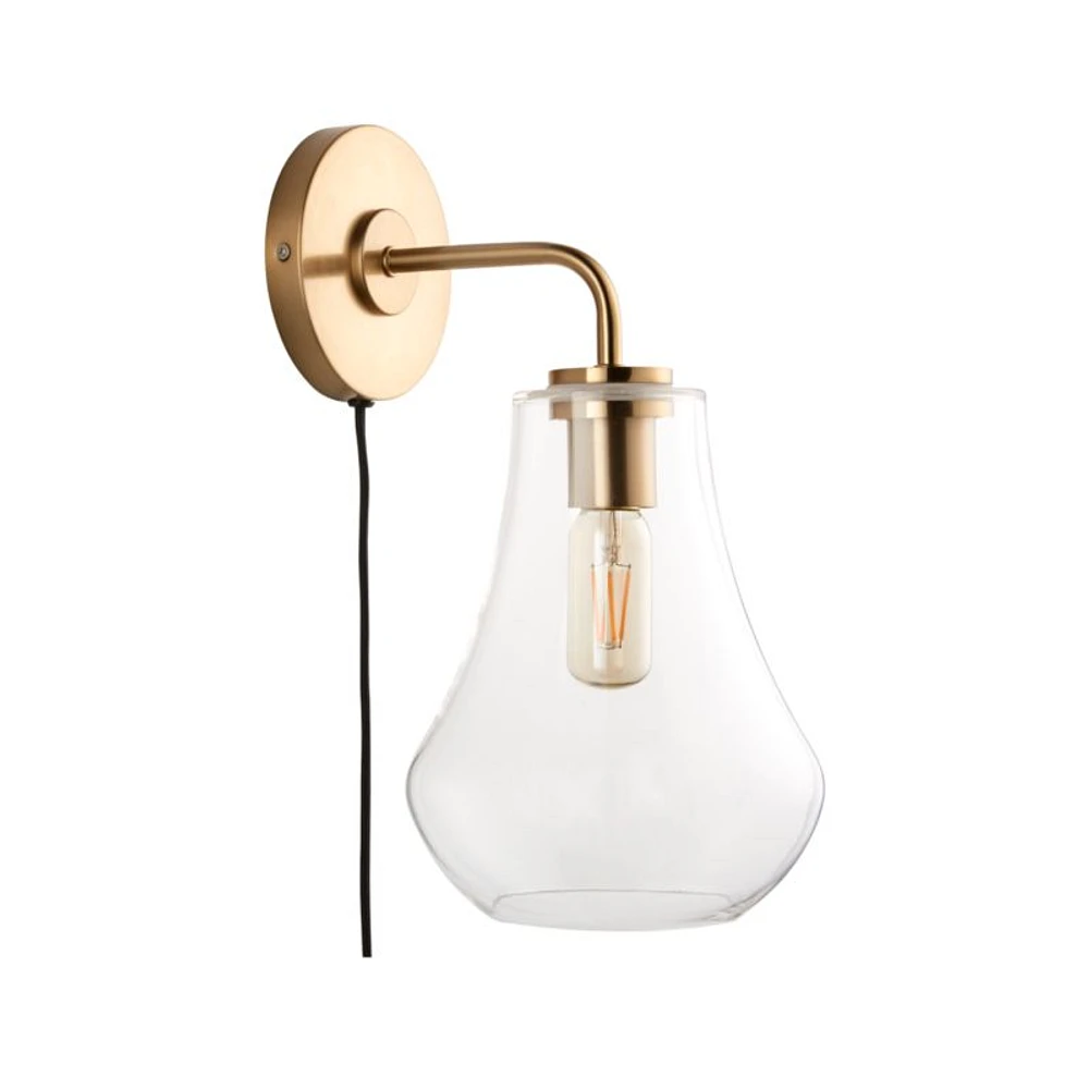 Arren Brass Plug In Wall Sconce Light with Clear Teardrop Shade