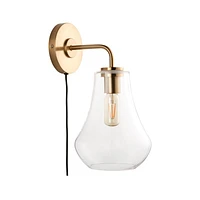 Arren Brass Plug In Wall Sconce Light with Clear Teardrop Shade