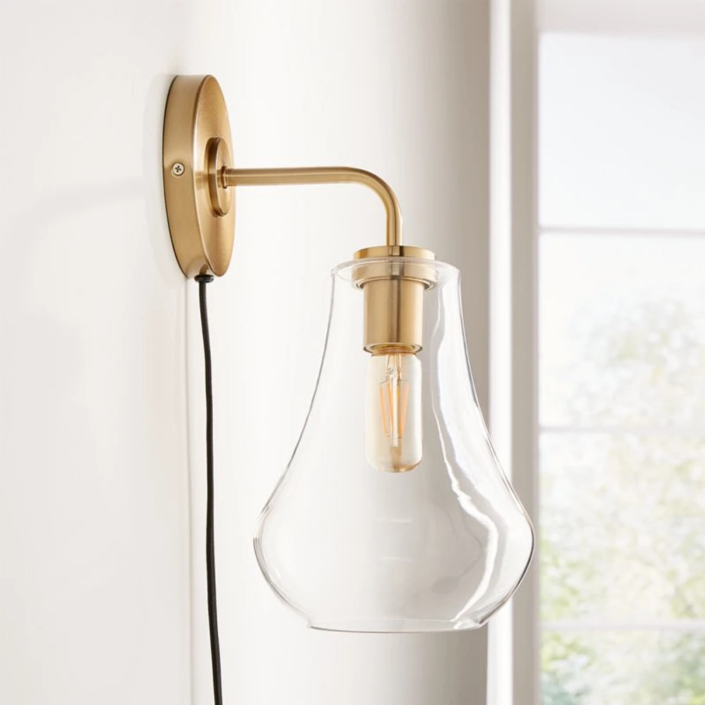 Arren Brass Plug In Wall Sconce Light with Clear Teardrop Shade
