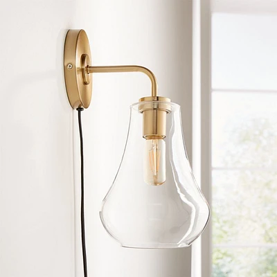 Arren Brass Plug In Wall Sconce Light with Clear Teardrop Shade