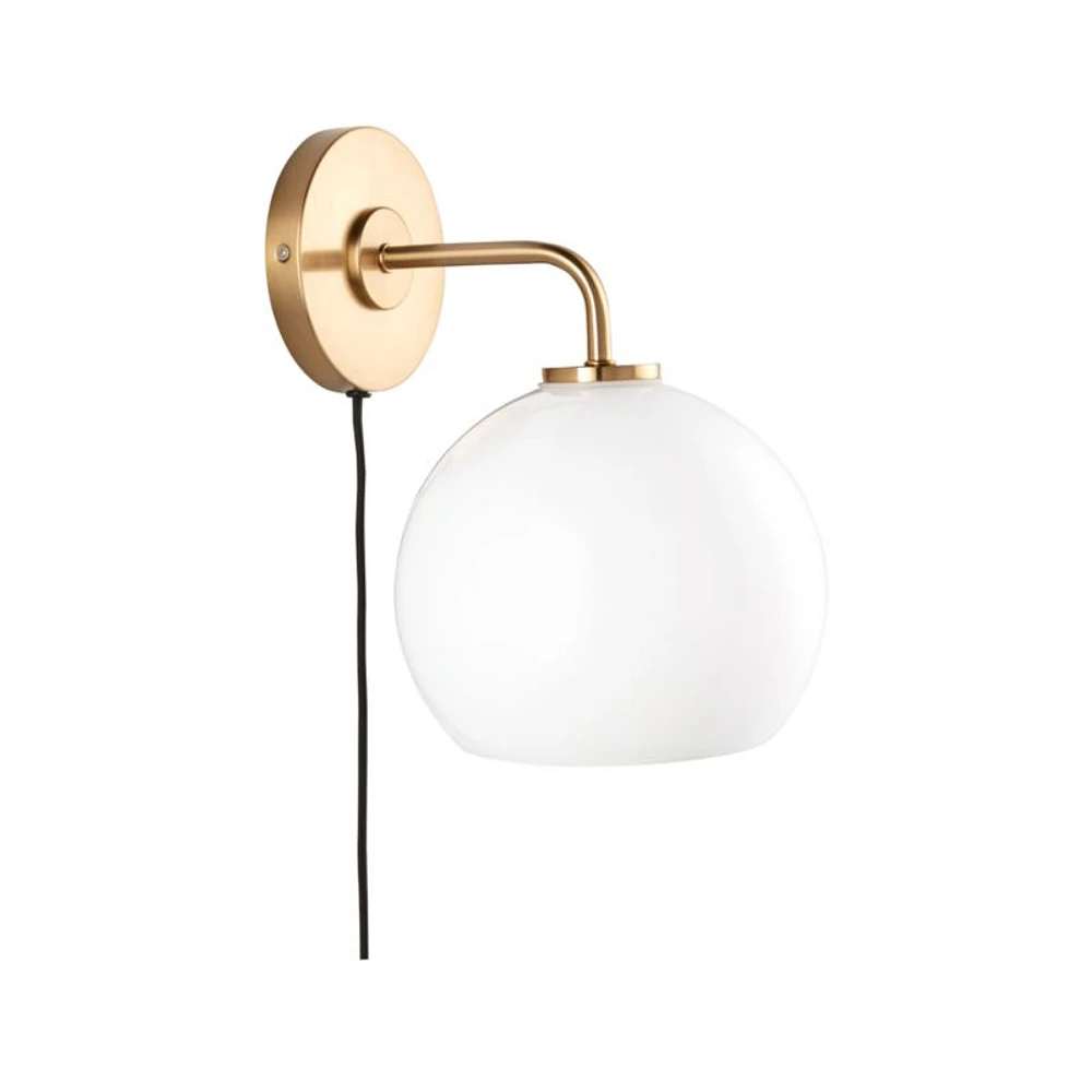 Arren Brass Plug In Wall Sconce Light with Milk Round Shade