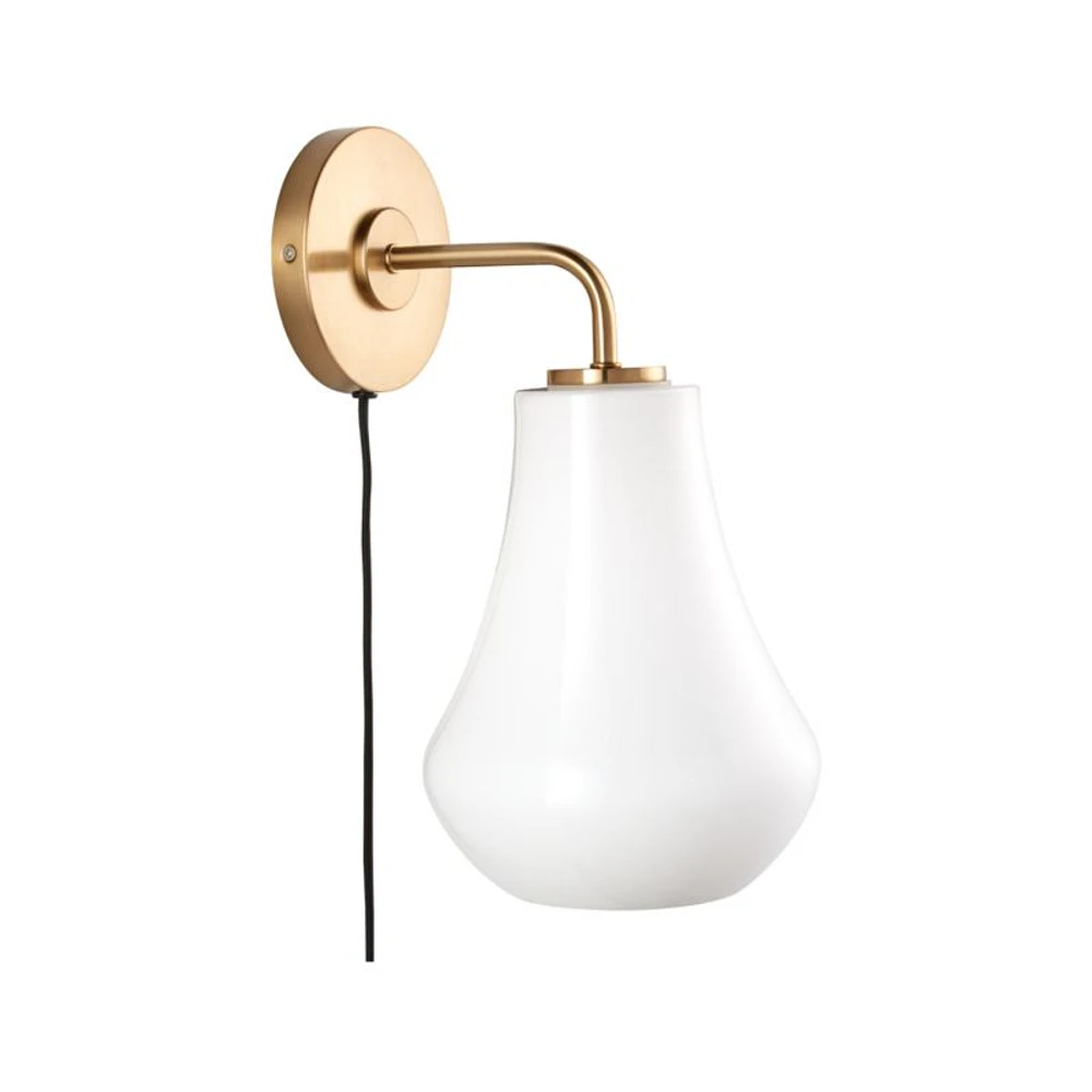 Arren Brass Plug In Wall Sconce Light with Milk Teardrop Shade