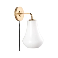 Arren Brass Plug In Wall Sconce Light with Milk Teardrop Shade