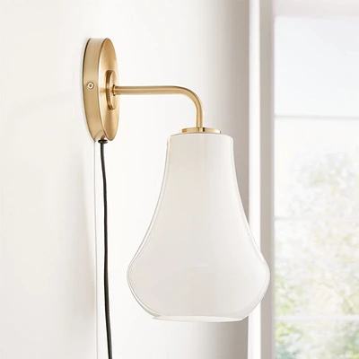 Arren Brass Plug In Wall Sconce Light with Milk Teardrop Shade