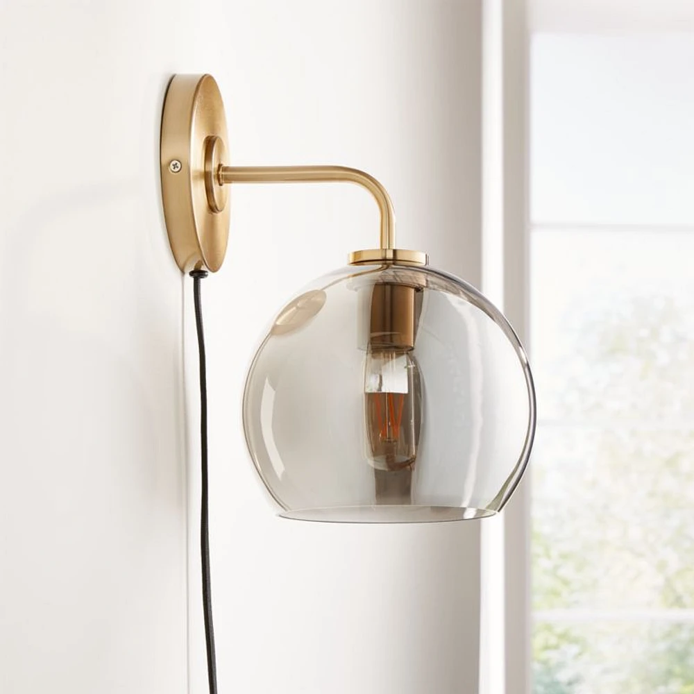 Arren Brass Plug In Wall Sconce Light with Silver Round Shade