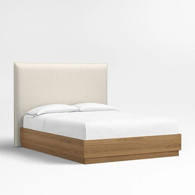 Arvada 54" Natural Beige Upholstered Queen Headboard with Batten Brown Oak Bed Base
