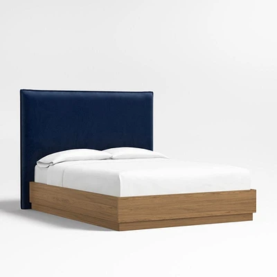 Arvada 54" Navy Queen Upholstered Headboard with Batten Brown Oak Bed Base