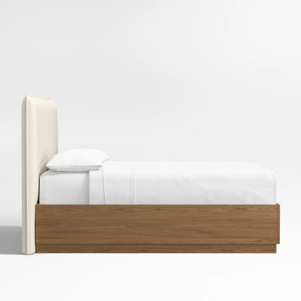 Arvada 54" Ivory Upholstered Queen Headboard with Batten Brown Oak Storage Bed Base