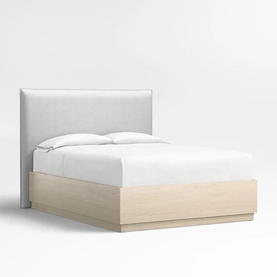 Arvada 54" Oyster Grey Queen Upholstered Headboard with Batten White Oak Storage Bed Base