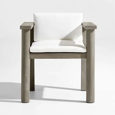 Ashore Grey Mahogany Wood Outdoor Dining Arm Chair with White Cushions