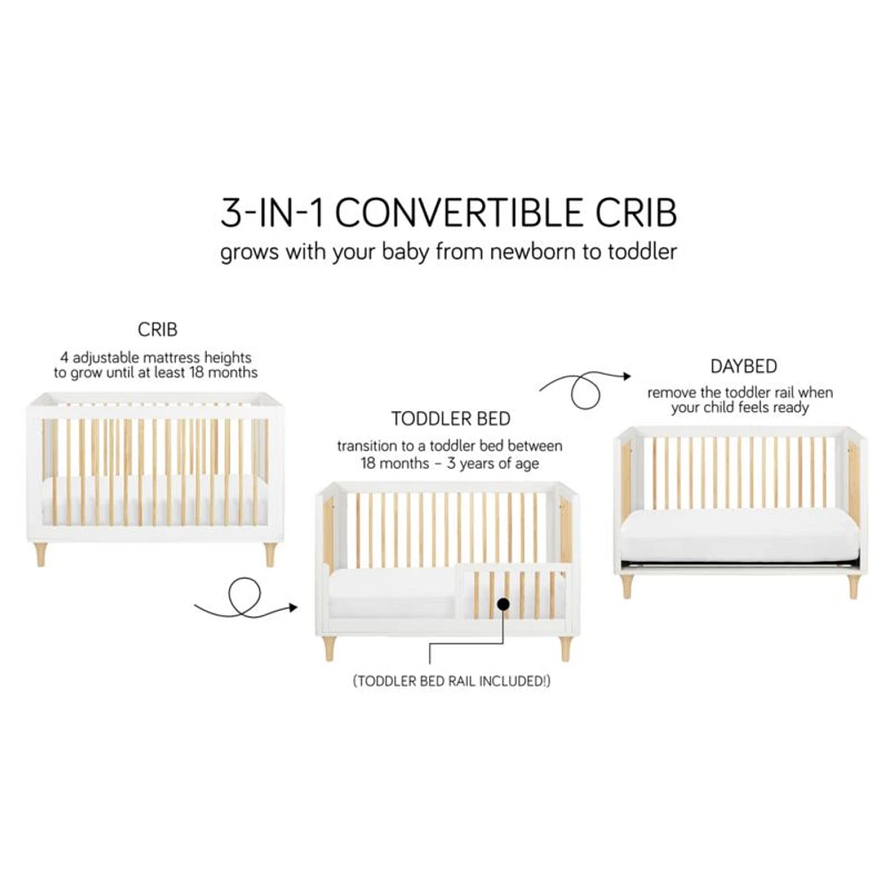 Babyletto Lolly White & Natural Wood 3-in-1 Convertible Baby Crib with Toddler Bed Conversion Kit