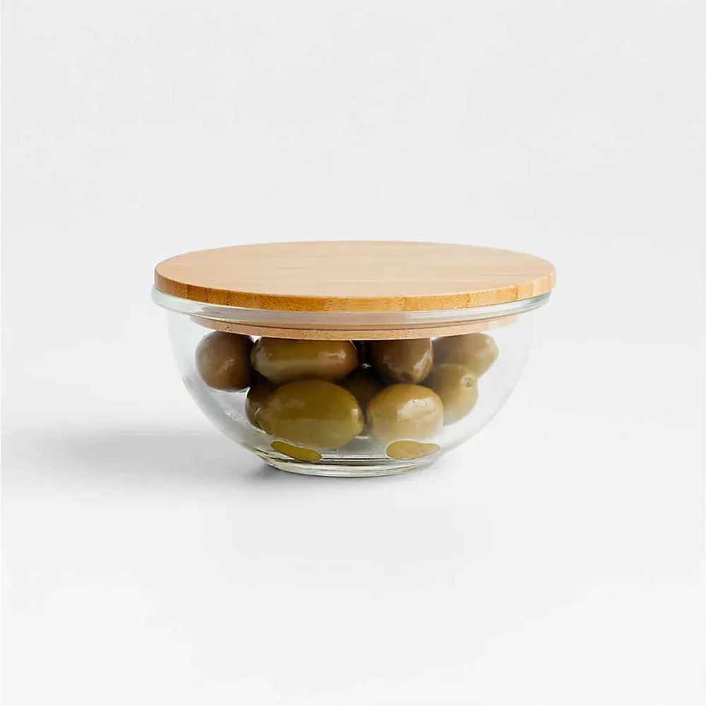 Crate&Barrel Tomos Glass Bowl with Wood Lid
