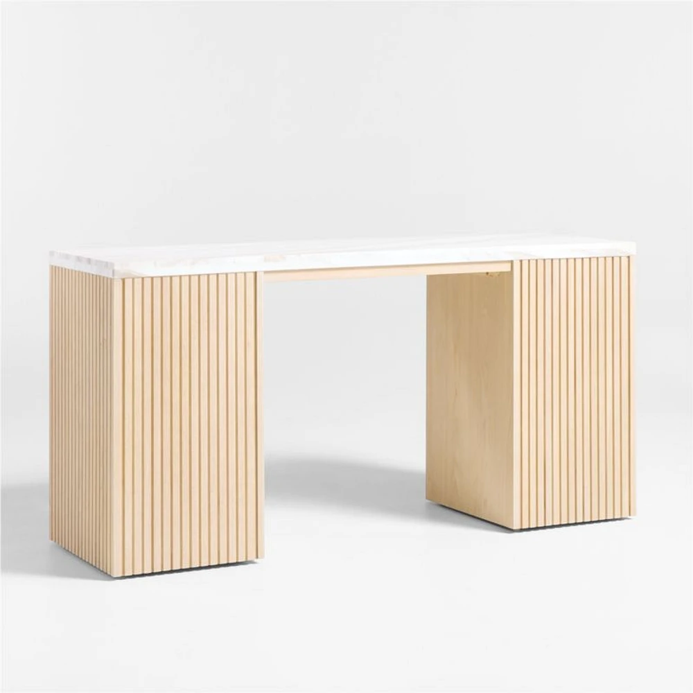Batten 61.5" Natural Oak Wood Console Desk with White Marble Top