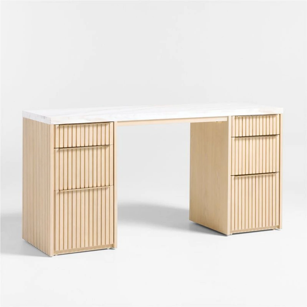 Batten 61.5" Natural Oak Wood Console Desk with White Marble Top