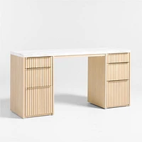 Batten 61.5" Natural Oak Wood Console Desk with White Marble Top