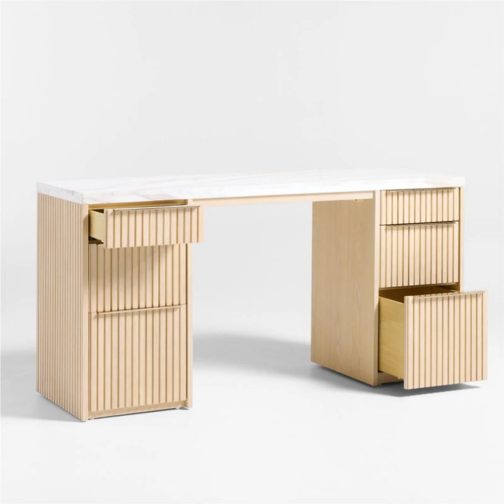 Batten 61.5" Natural Oak Wood Console Desk with White Marble Top