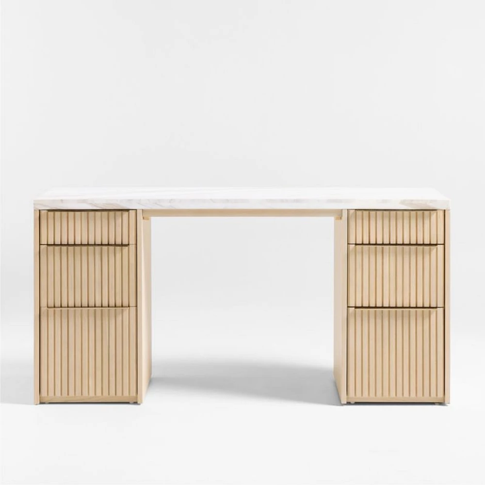 Batten 61.5" Natural Oak Wood Console Desk with White Marble Top