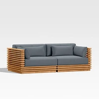 Batten 83" Natural Teak Outdoor Loveseat with Canvas Haze Blue Sunbrella ® Cushions