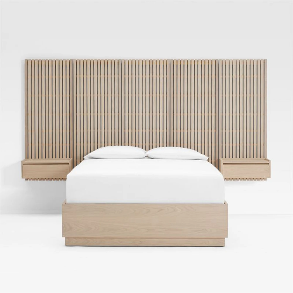 Batten White Oak Queen Plinth-Base Storage Bed and Nightstands