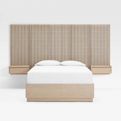Batten White Oak Queen Plinth-Base Storage Bed and Nightstands
