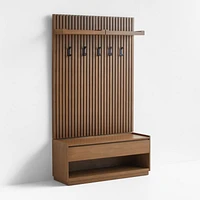 Batten Brown Oak Storage Bench and Panel Set with Flat Shelf and Coat Rack
