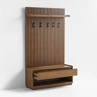 Batten Brown Oak Storage Bench and Panel Set with Flat Shelf and Coat Rack