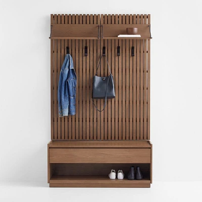 Batten Brown Oak Storage Bench and Panel Set with Reversible Shelf