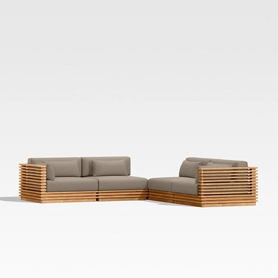 Batten Natural Teak -Piece L-Shaped Outdoor Sectional Sofa with Corner Coffee Table & Cast Shale Brown Sunbrella ® Cushions