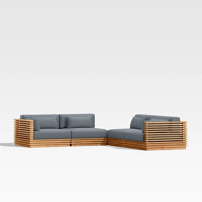 Batten Natural Teak -Piece L-Shaped Outdoor Sectional Sofa with Corner Coffee Table & Canvas Haze Blue Sunbrella ® Cushions