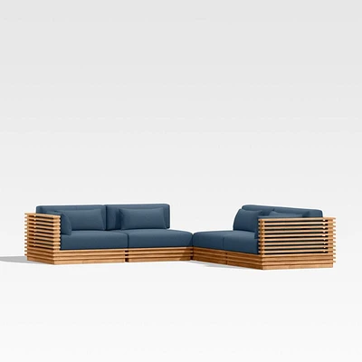 Batten Natural Teak -Piece L-Shaped Outdoor Sectional Sofa with Corner Coffee Table & Cast Harbor Navy Blue Sunbrella ® Cushions