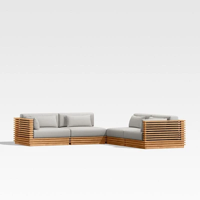 Batten Natural Teak -Piece L-Shaped Outdoor Sectional Sofa with Corner Coffee Table & Cast Silver Sunbrella ® Cushions