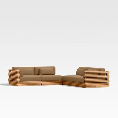 Batten Natural Teak -Piece L-Shaped Outdoor Sectional Sofa with Corner Coffee Table & Cast Teak Sunbrella ® Cushions
