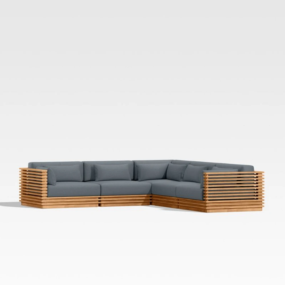 Batten Natural Teak -Piece L-Shaped Outdoor Sectional Sofa with Canvas Haze Blue Sunbrella ® Cushions