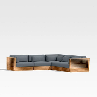 Batten Natural Teak -Piece L-Shaped Outdoor Sectional Sofa with Canvas Haze Blue Sunbrella ® Cushions