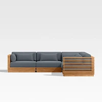 Batten Natural Teak -Piece L-Shaped Outdoor Sectional Sofa with Canvas Haze Blue Sunbrella ® Cushions