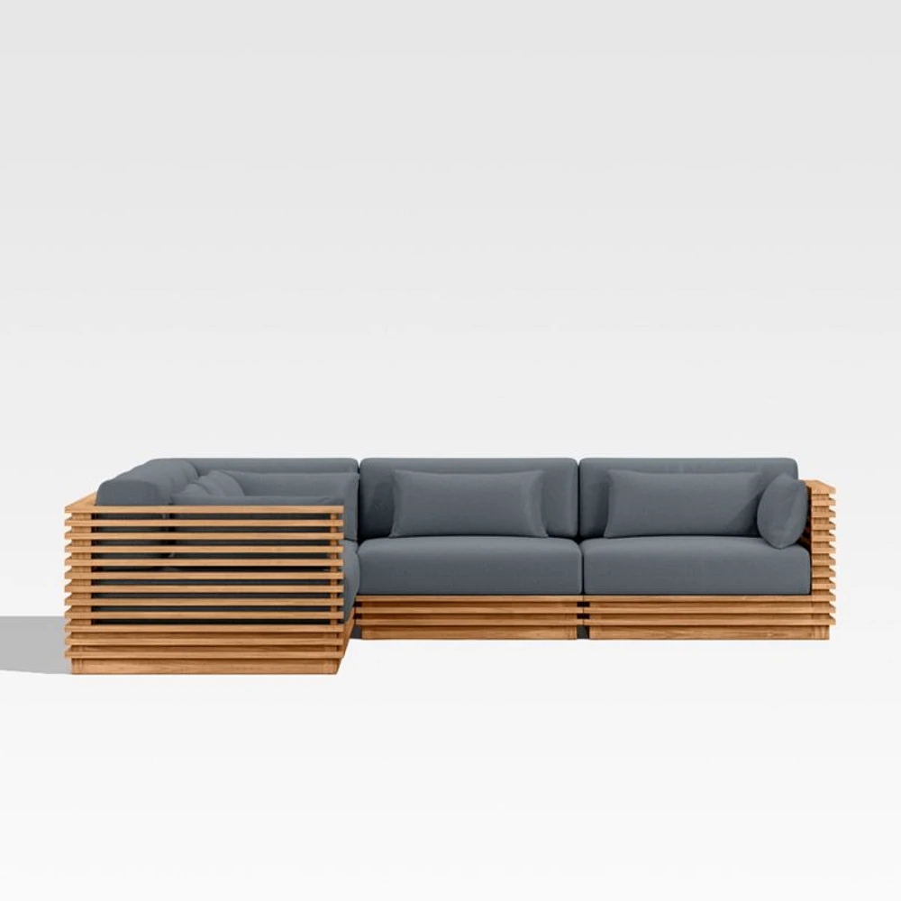Batten Natural Teak -Piece L-Shaped Outdoor Sectional Sofa with Canvas Haze Blue Sunbrella ® Cushions